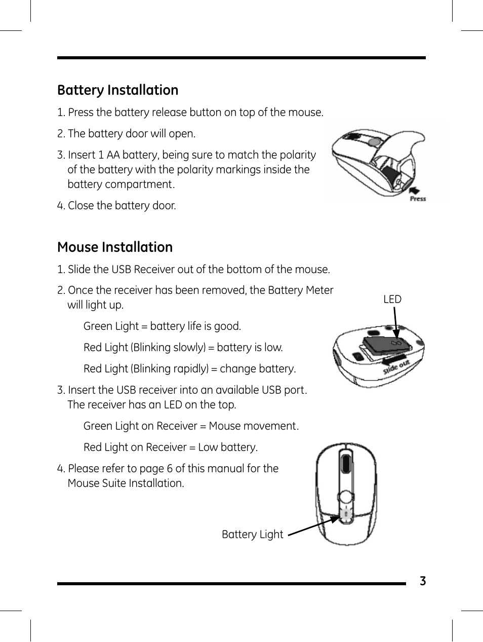 Battery installation, Mouse installation | GE 98505 GE Wireless Mini Presentation Mouse User Manual | Page 3 / 12