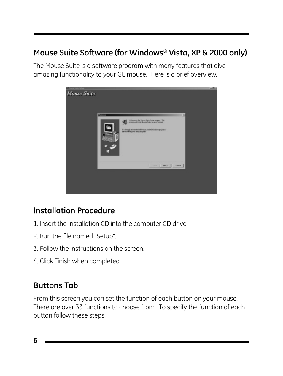 Mouse suite software (for windows, Vista, xp & 2000 only), Installation procedure | Buttons tab | GE 98505 GE Wireless Mini Presentation Mouse User Manual | Page 6 / 12