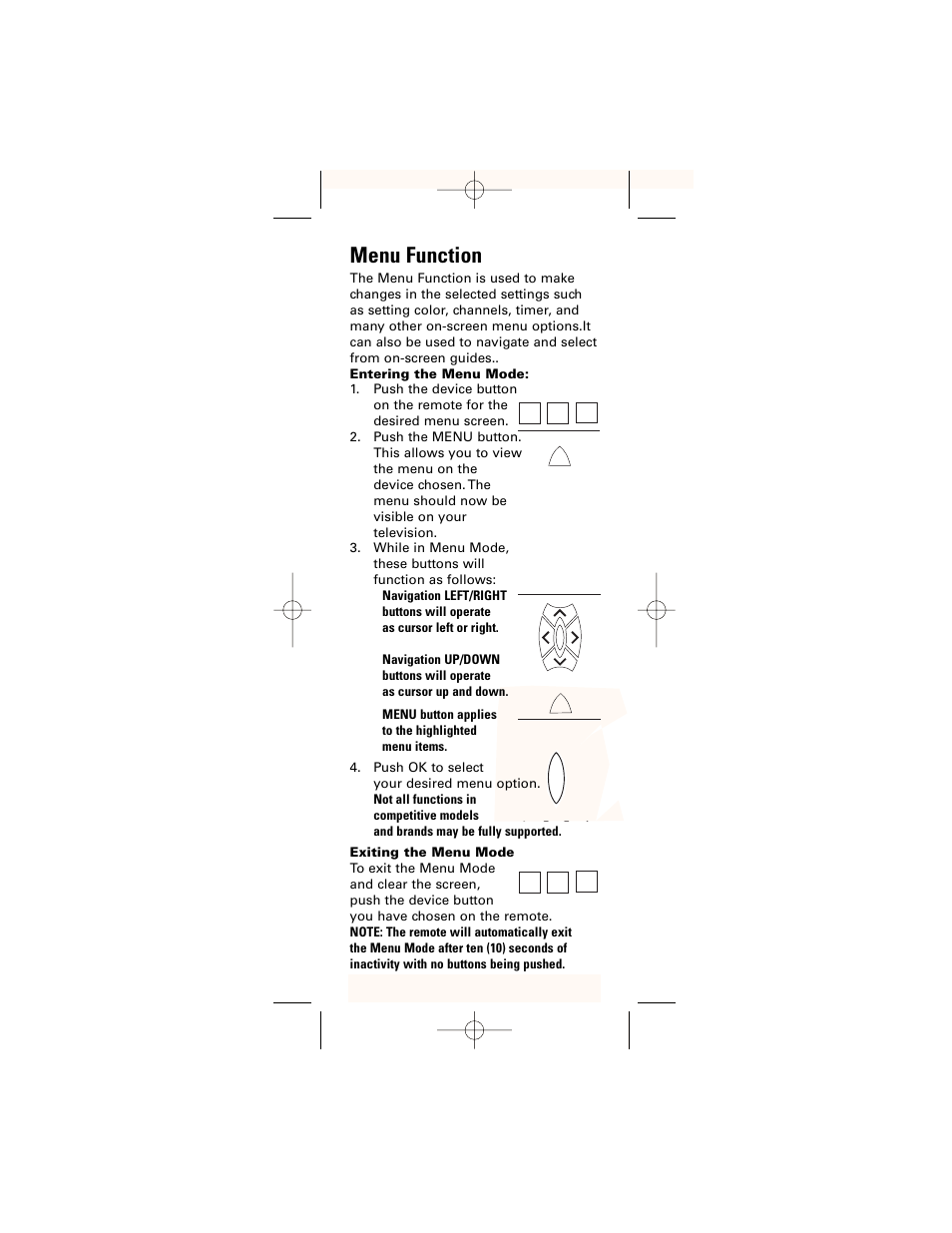 Menu function | GE 24961 GE Universal Remote User Manual | Page 12 / 19