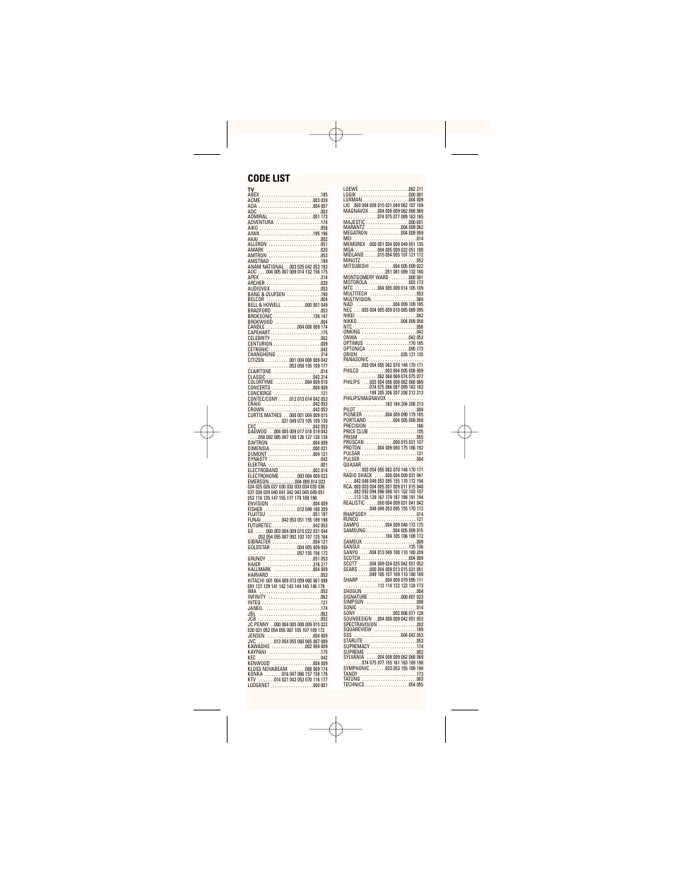 Code list | GE 24961 GE Universal Remote User Manual | Page 15 / 19