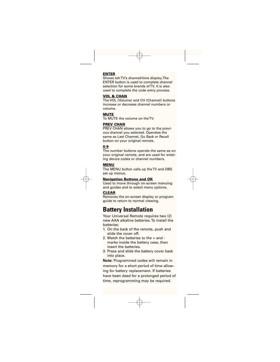 Battery installation | GE 24961 GE Universal Remote User Manual | Page 3 / 19