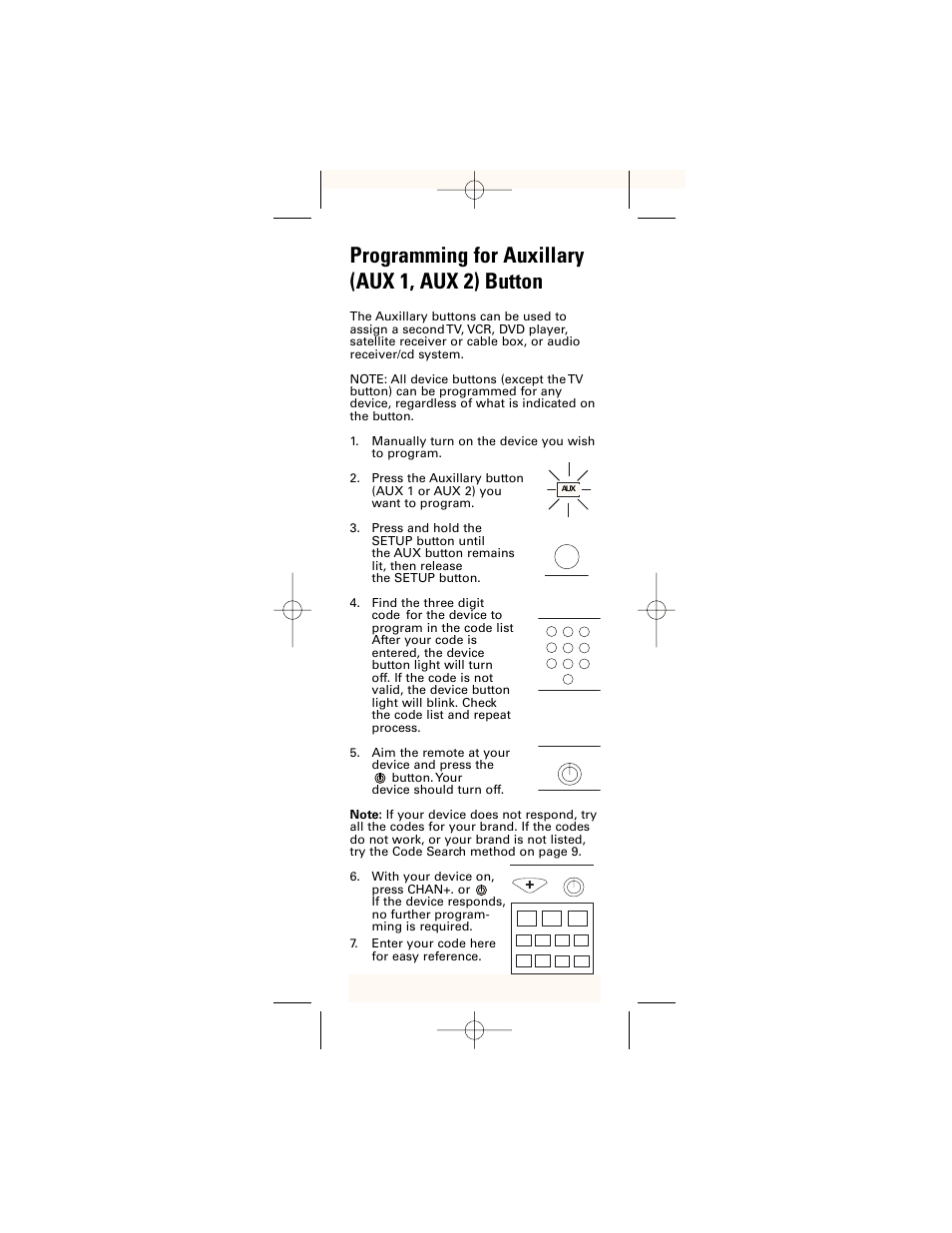 Programming for auxillary (aux 1, aux 2) button | GE 24961 GE Universal Remote User Manual | Page 9 / 19