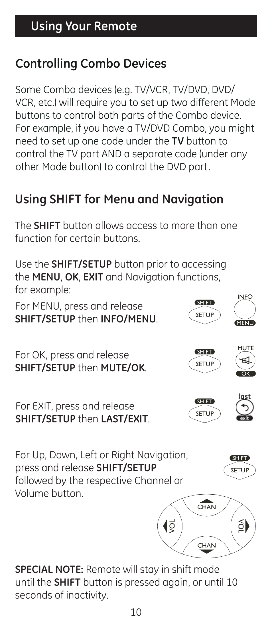Using your remote, Using shift for menu and navigation, Controlling combo devices | GE 24911-v2 GE Universal Remote User Manual | Page 10 / 44