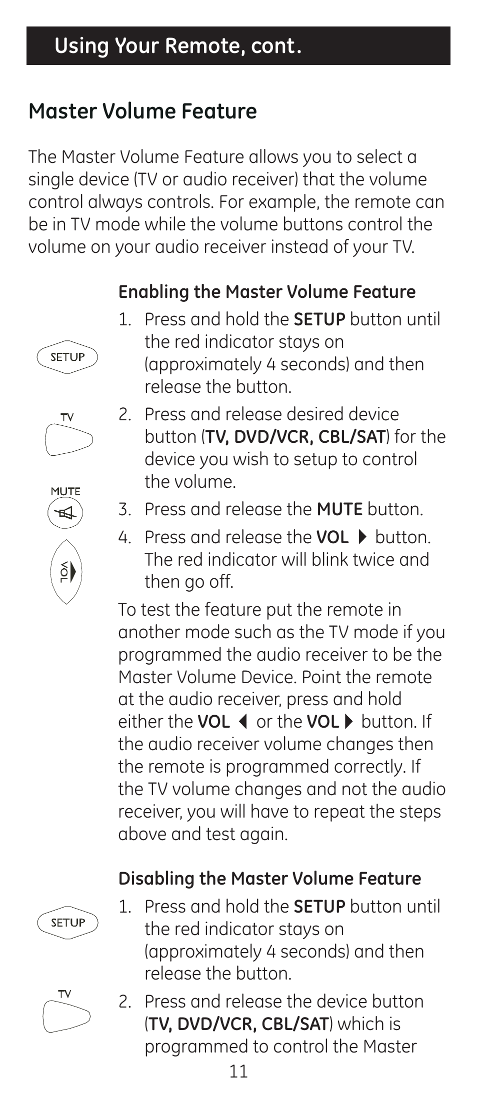 Using your remote, cont. master volume feature | GE 24911-v2 GE Universal Remote User Manual | Page 11 / 44