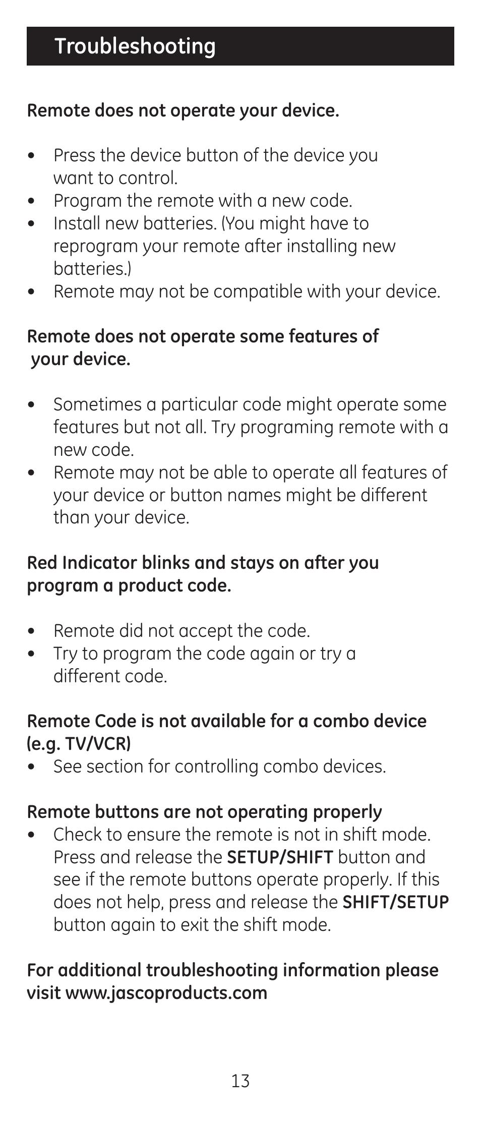 Troubleshooting | GE 24911-v2 GE Universal Remote User Manual | Page 13 / 44