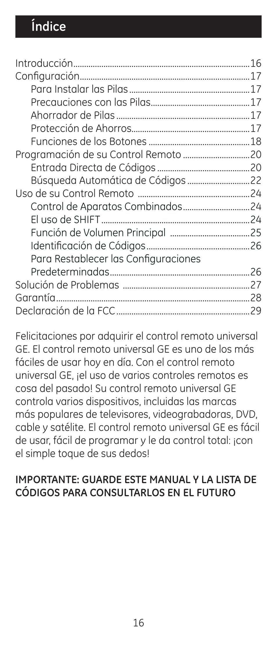 Índice | GE 24911-v2 GE Universal Remote User Manual | Page 16 / 44