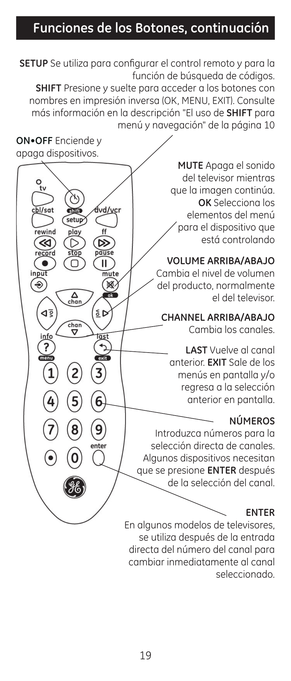 Funciones de los botones, continuación | GE 24911-v2 GE Universal Remote User Manual | Page 19 / 44