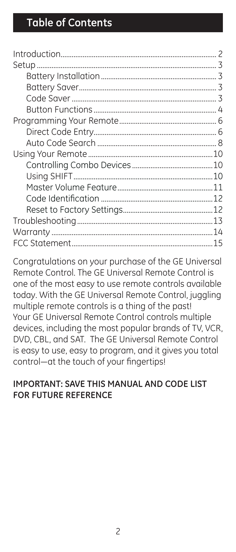 GE 24911-v2 GE Universal Remote User Manual | Page 2 / 44