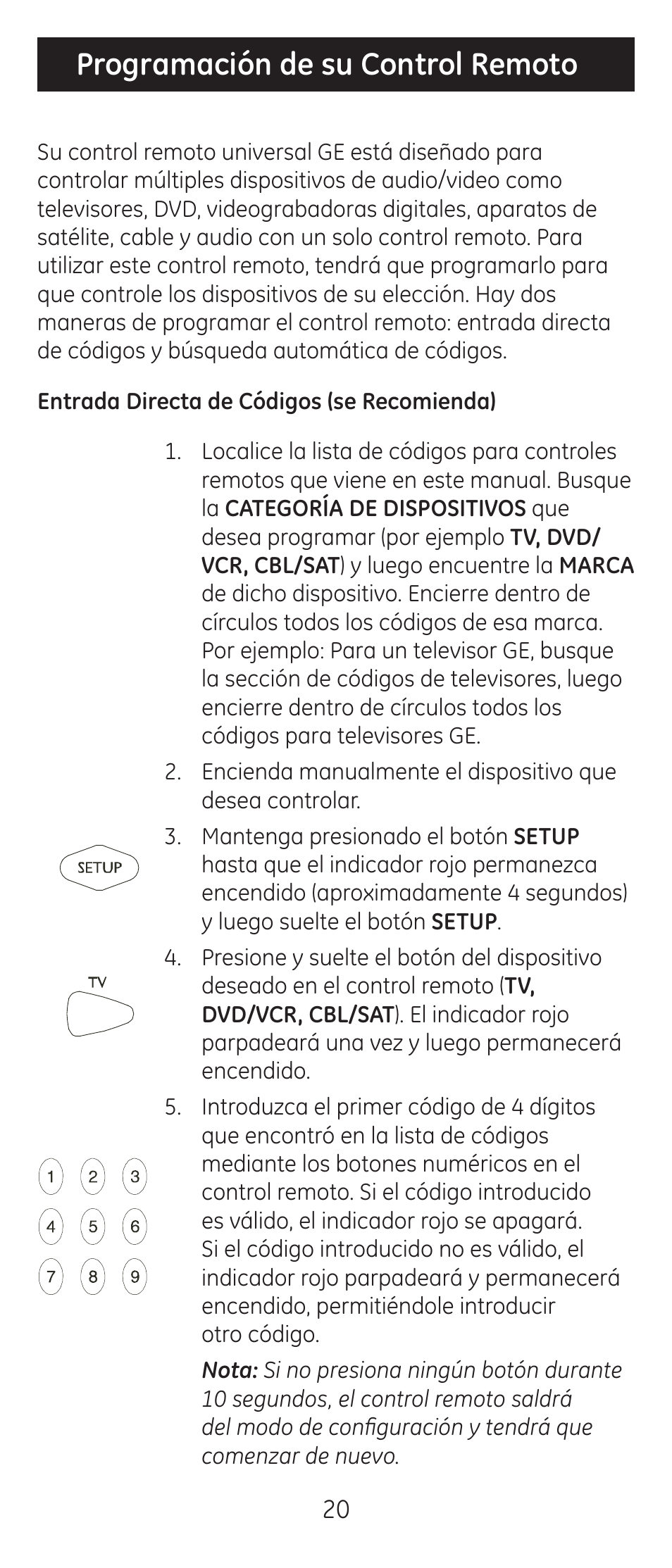 Programación de su control remoto | GE 24911-v2 GE Universal Remote User Manual | Page 20 / 44