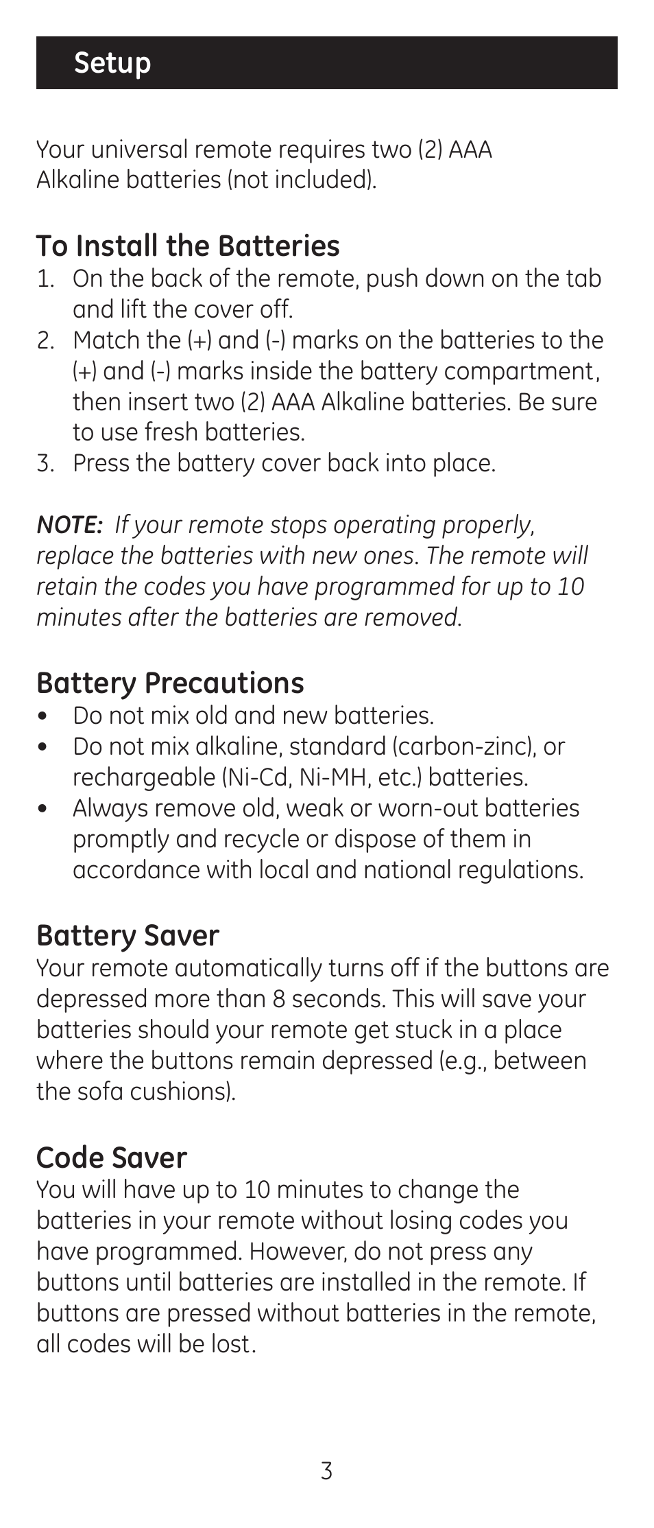Battery precautions, Battery saver, Code saver | Setup | GE 24911-v2 GE Universal Remote User Manual | Page 3 / 44