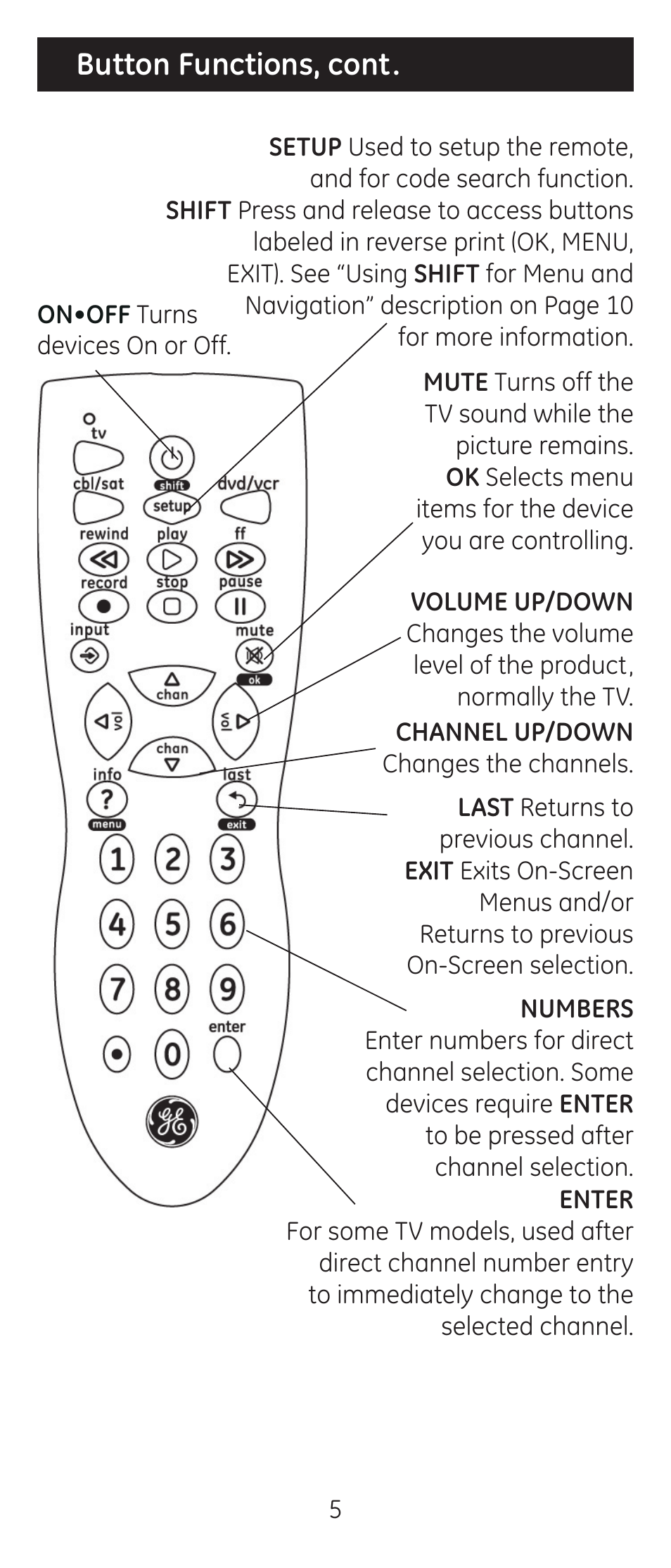 Button functions, cont | GE 24911-v2 GE Universal Remote User Manual | Page 5 / 44