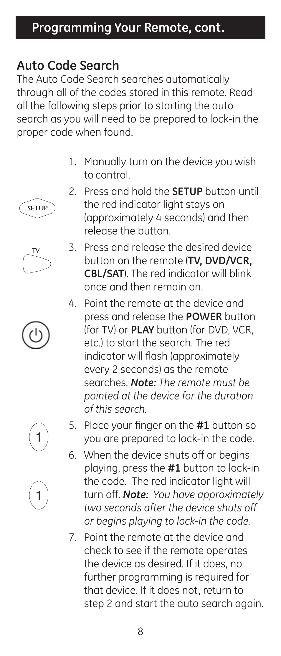 Programming your remote, cont. auto code search | GE 24911-v2 GE Universal Remote User Manual | Page 8 / 44