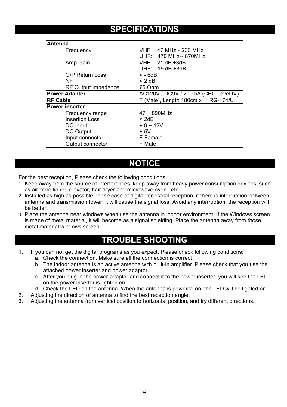 Specifications, Notice, Trouble shooting | Jasco 24702 User Manual | Page 4 / 4