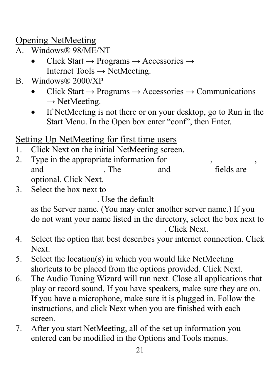 Windows® netmeeting | GE 98073 GE Ultracam User Manual | Page 21 / 27