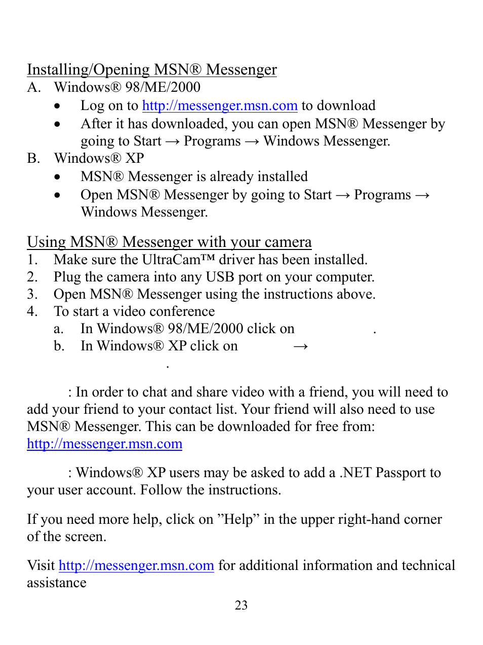 Msn® messenger, Installing/opening msn® messenger, Using msn® messenger with your camera | GE 98073 GE Ultracam User Manual | Page 23 / 27