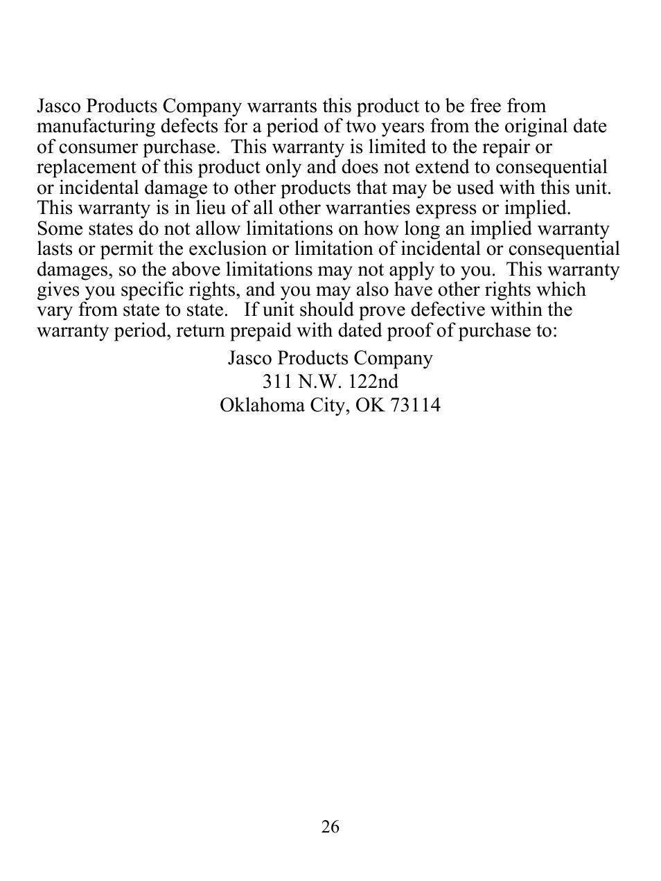Two year limited warranty | GE 98073 GE Ultracam User Manual | Page 26 / 27