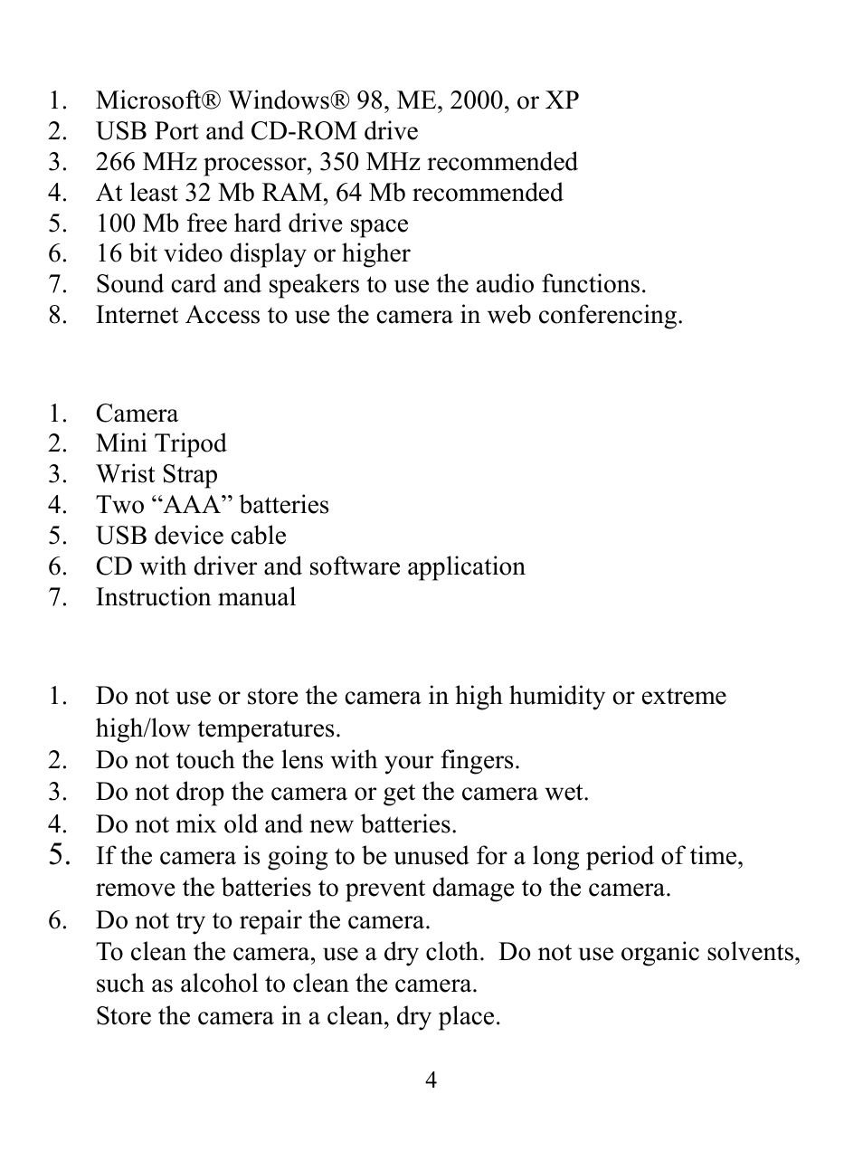 System requirements, Package contents, Maintenance and storage | GE 98073 GE Ultracam User Manual | Page 4 / 27