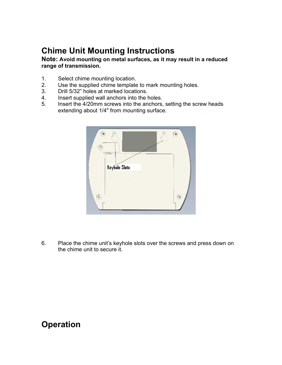 Chime unit mounting instructions, Operation | Jasco 19242 User Manual | Page 7 / 9