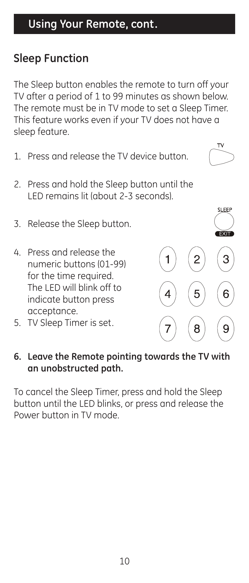 Using your remote, cont. sleep function | GE 24914 GE Universal Remote User Manual | Page 10 / 30