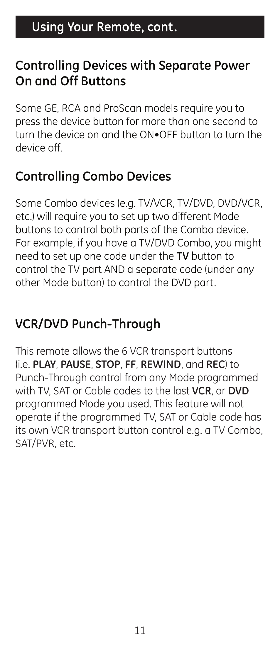 Controlling combo devices, Vcr/dvd punch-through | GE 24914 GE Universal Remote User Manual | Page 11 / 30