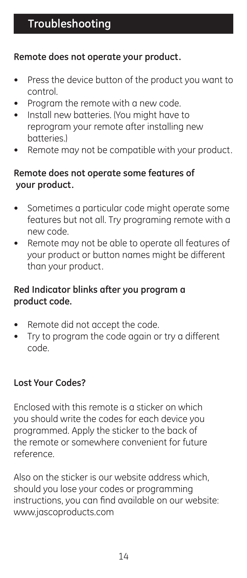 Troubleshooting | GE 24914 GE Universal Remote User Manual | Page 14 / 30