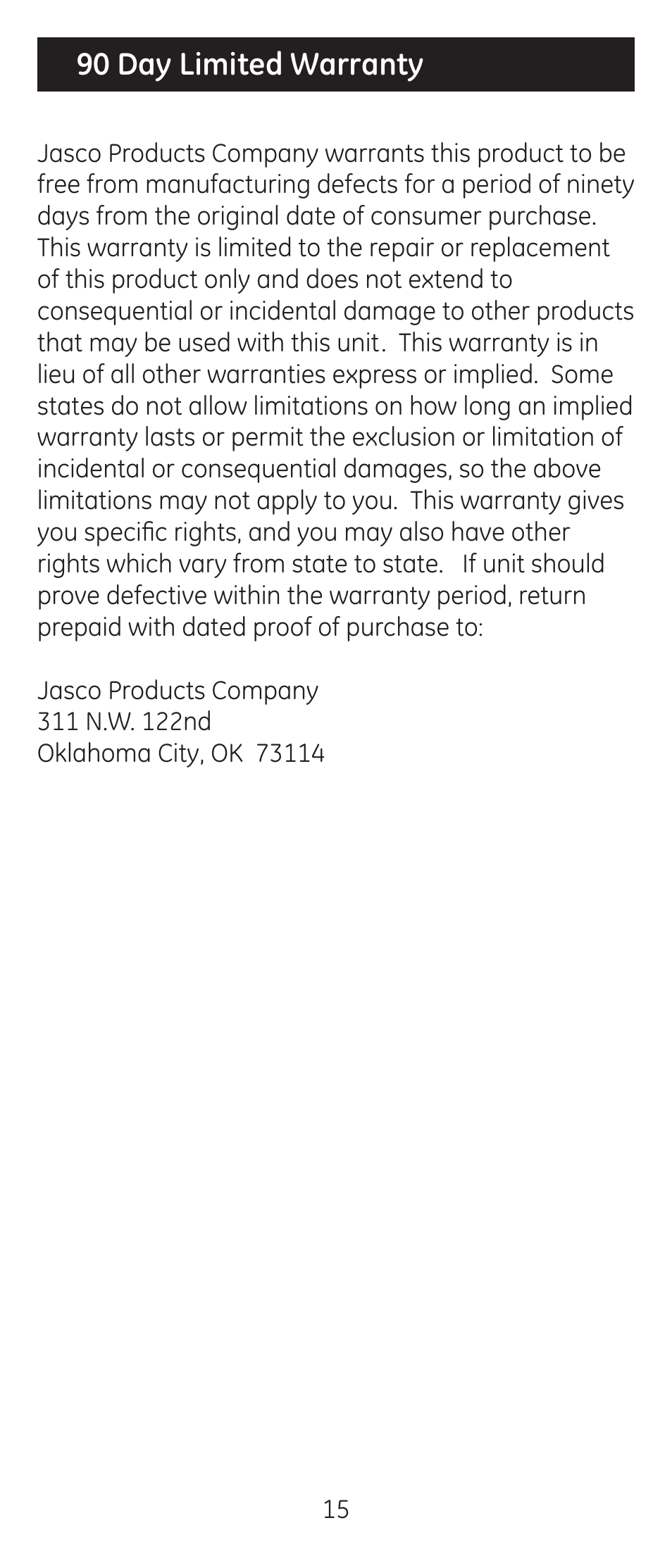 90 day limited warranty | GE 24914 GE Universal Remote User Manual | Page 15 / 30