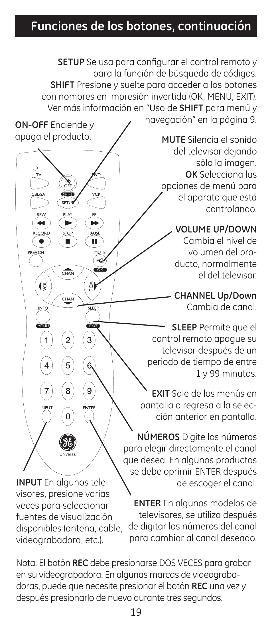 Funciones de los botones, continuación | GE 24914 GE Universal Remote User Manual | Page 19 / 30