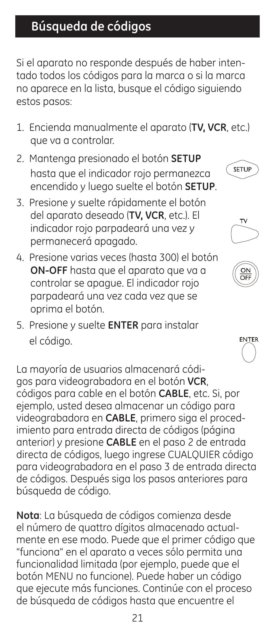 Búsqueda de códigos | GE 24914 GE Universal Remote User Manual | Page 21 / 30