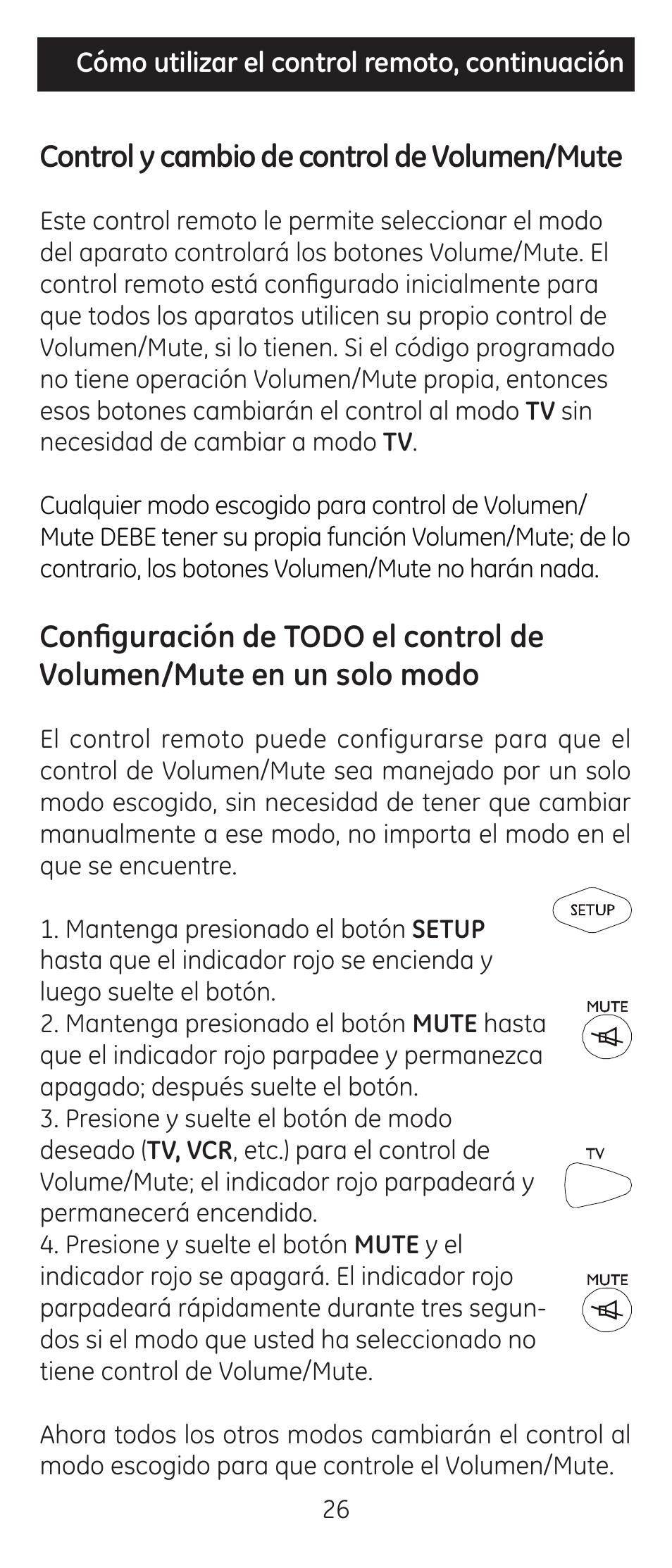 Control y cambio de control de volumen/mute | GE 24914 GE Universal Remote User Manual | Page 26 / 30