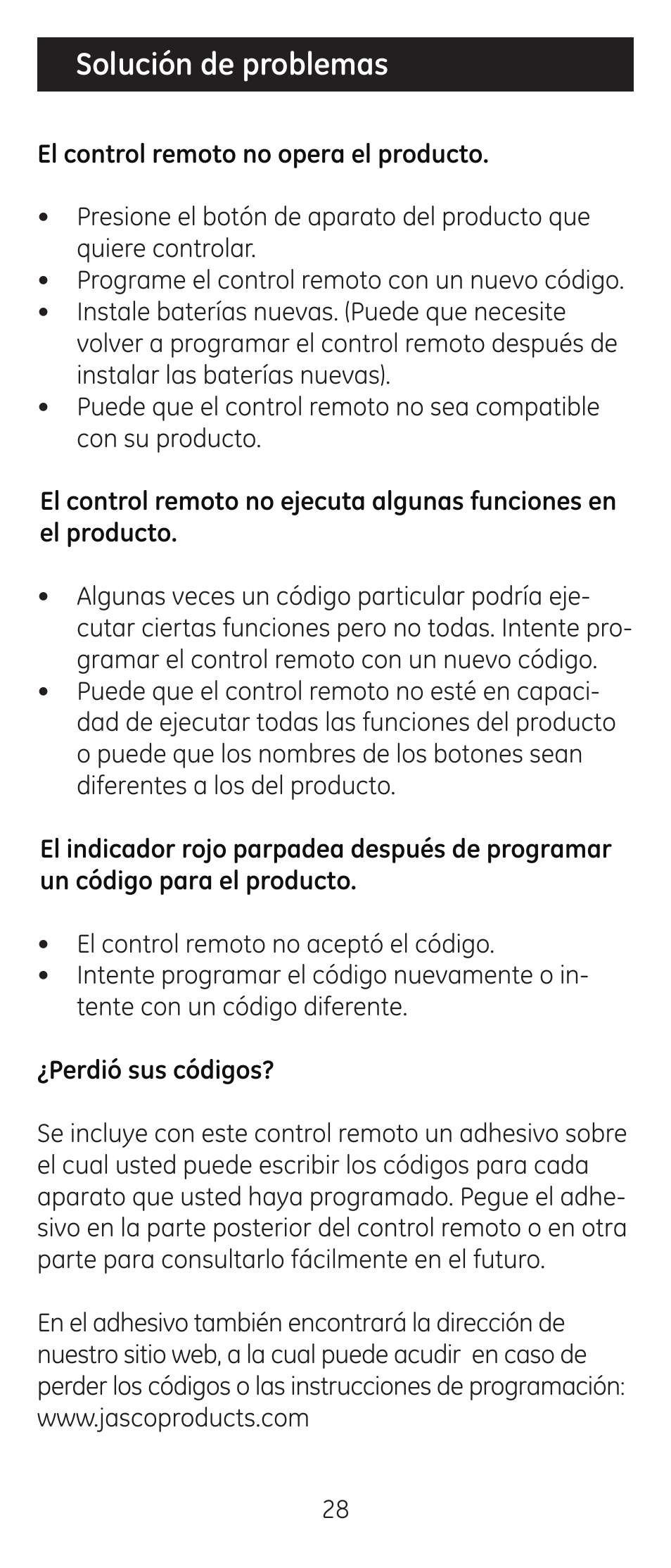 Solución de problemas | GE 24914 GE Universal Remote User Manual | Page 28 / 30