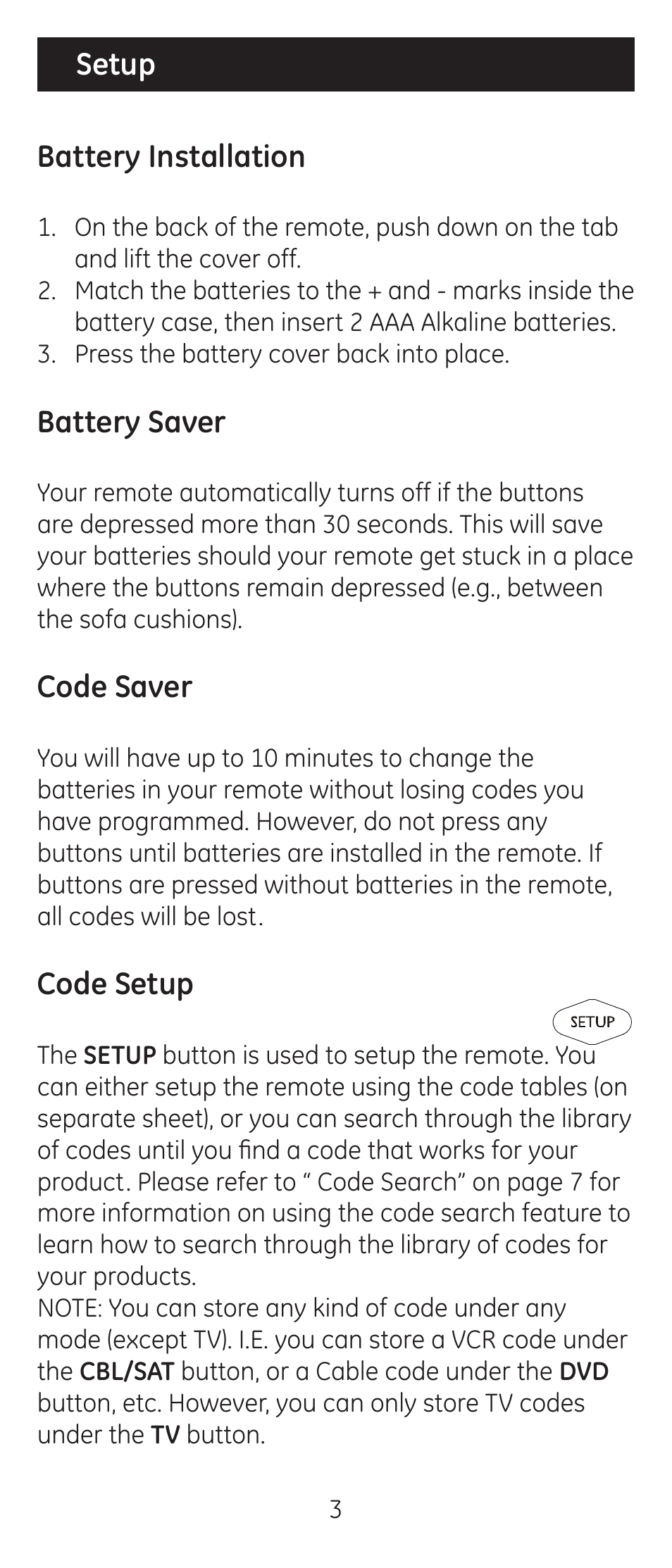 Battery installation, Battery saver, Code saver | Code setup, Setup | GE 24914 GE Universal Remote User Manual | Page 3 / 30