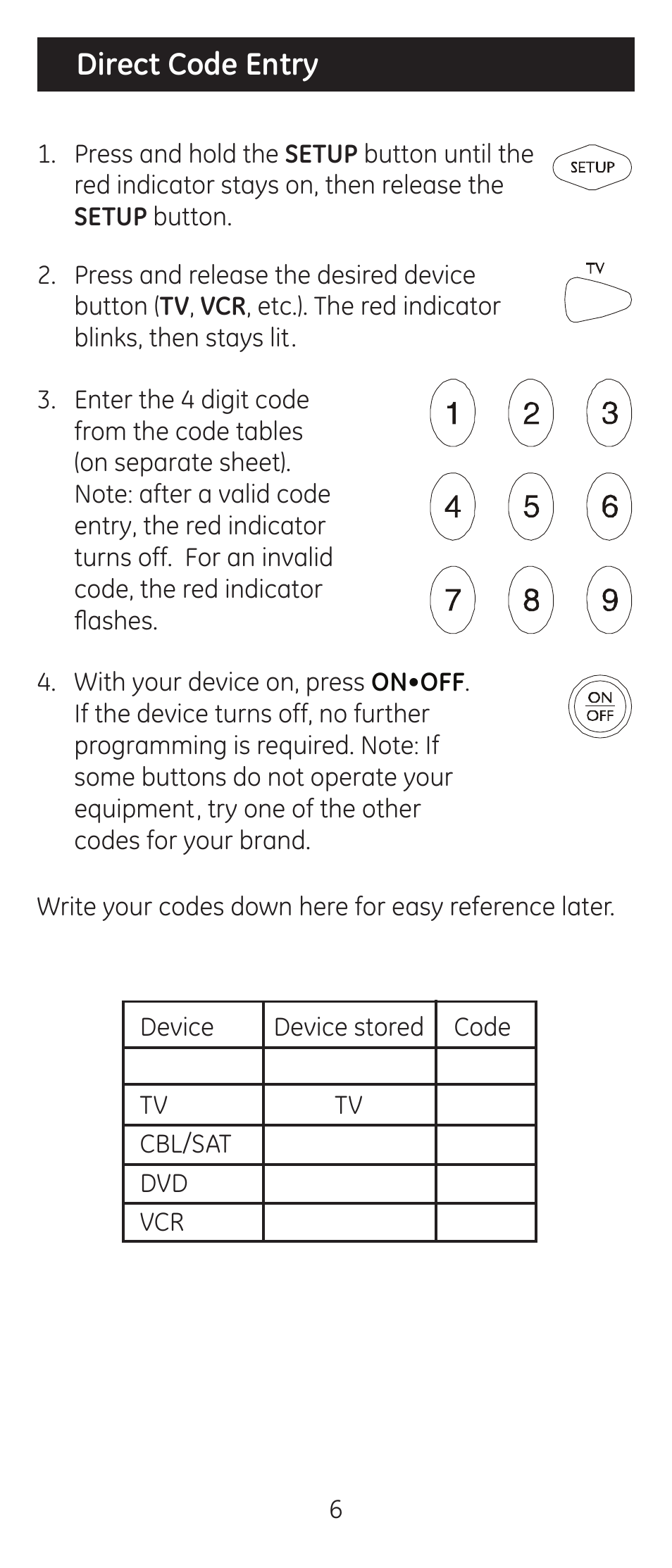 Direct code entry | GE 24914 GE Universal Remote User Manual | Page 6 / 30