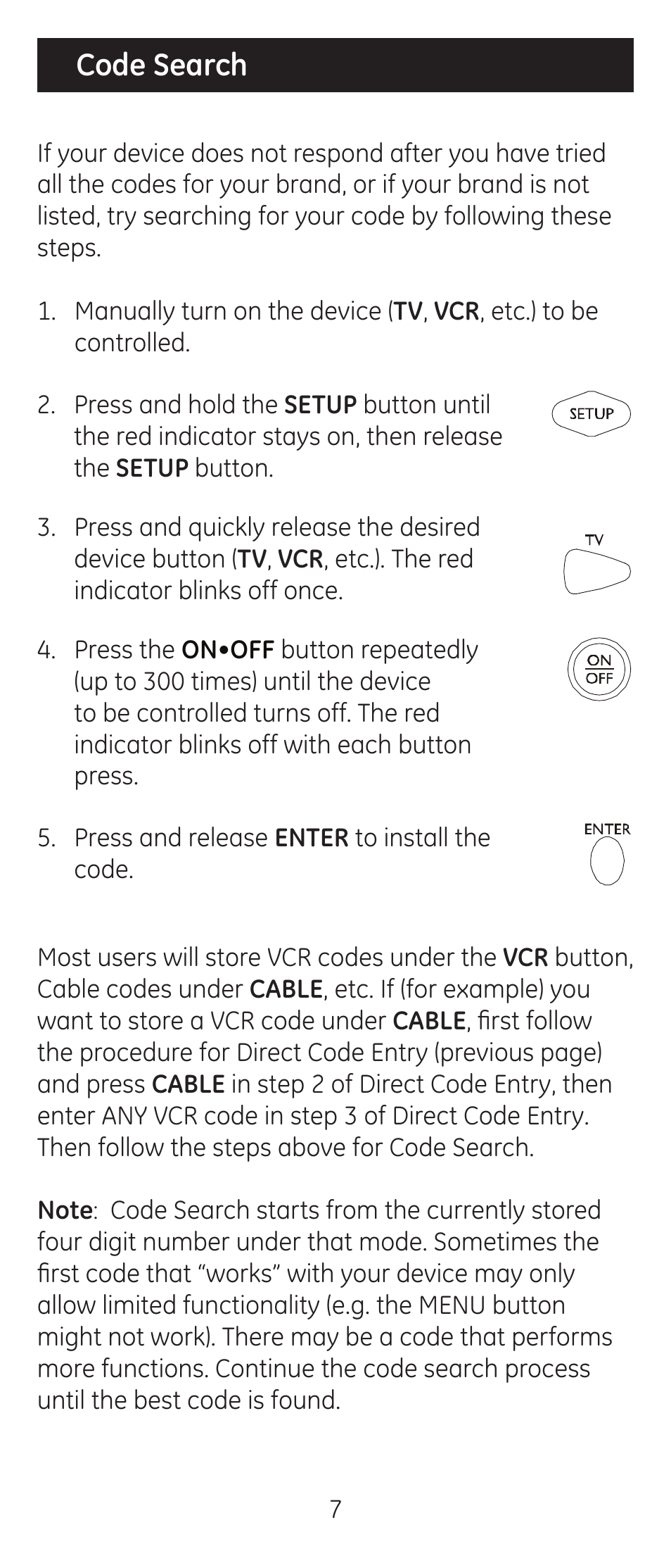 Code search | GE 24914 GE Universal Remote User Manual | Page 7 / 30