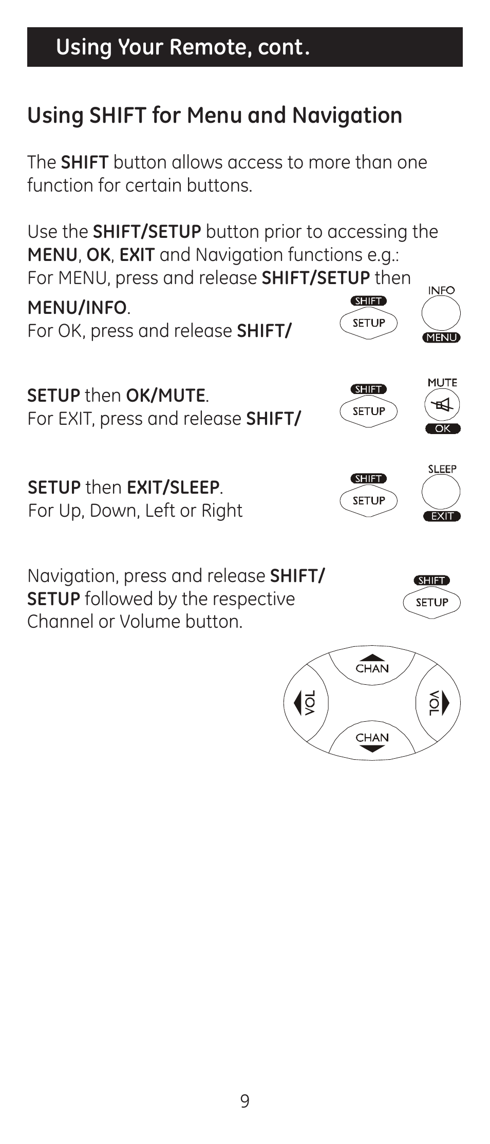 Using your remote, cont, Using shift for menu and navigation | GE 24914 GE Universal Remote User Manual | Page 9 / 30
