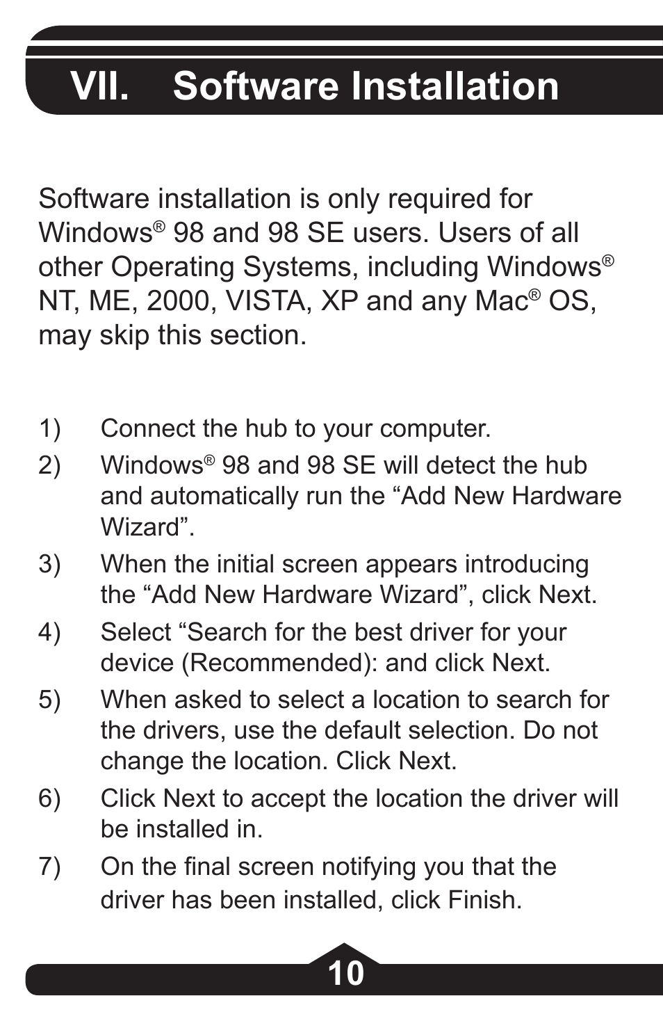 Vii. software installation | GE 97864 GE Executive Series 4-Port USB 2.0 Hub User Manual | Page 10 / 28