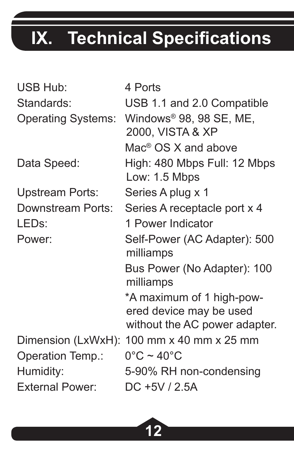 Ix. technical specifications | GE 97864 GE Executive Series 4-Port USB 2.0 Hub User Manual | Page 12 / 28