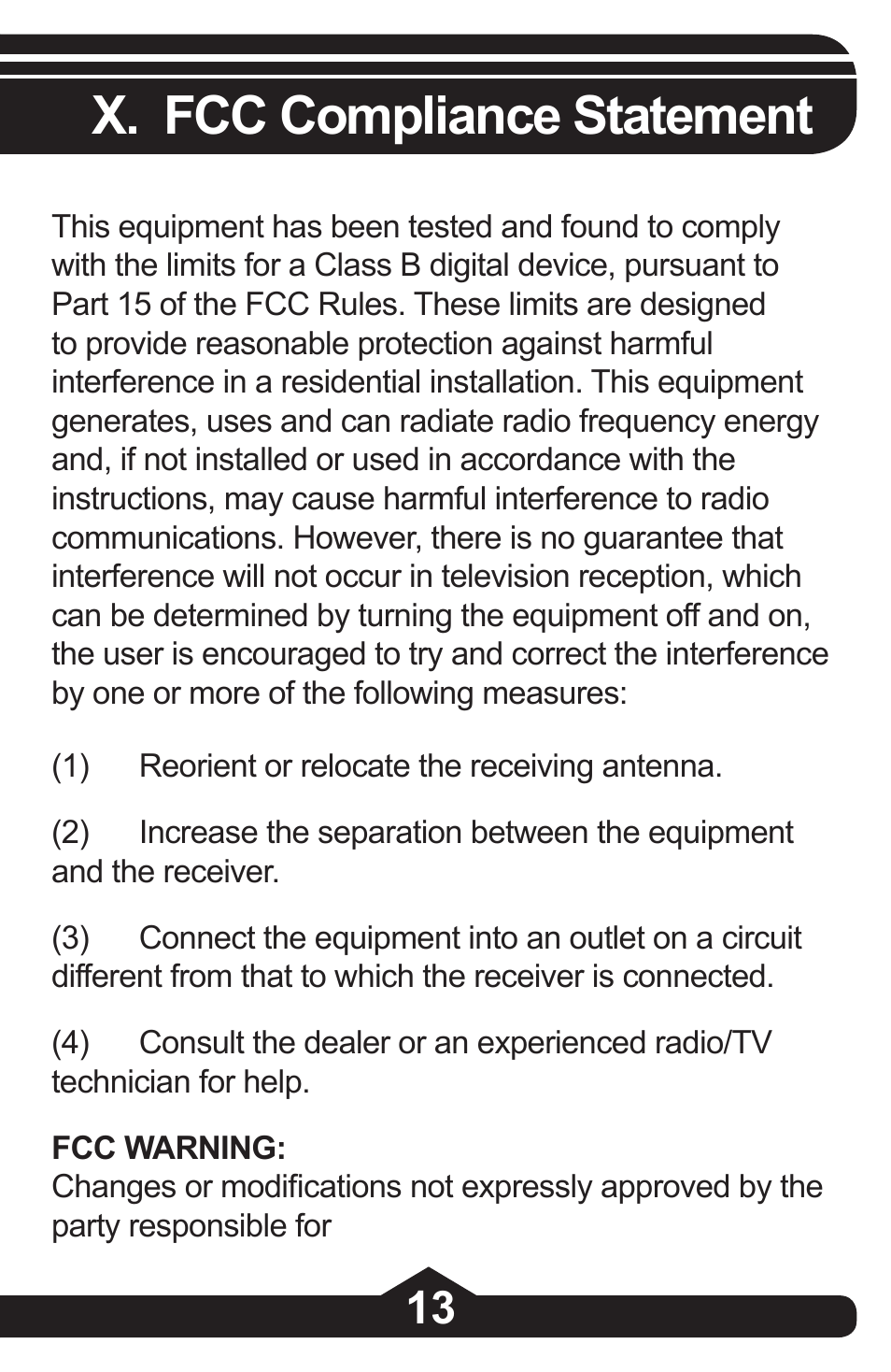 X. fcc compliance statement | GE 97864 GE Executive Series 4-Port USB 2.0 Hub User Manual | Page 13 / 28