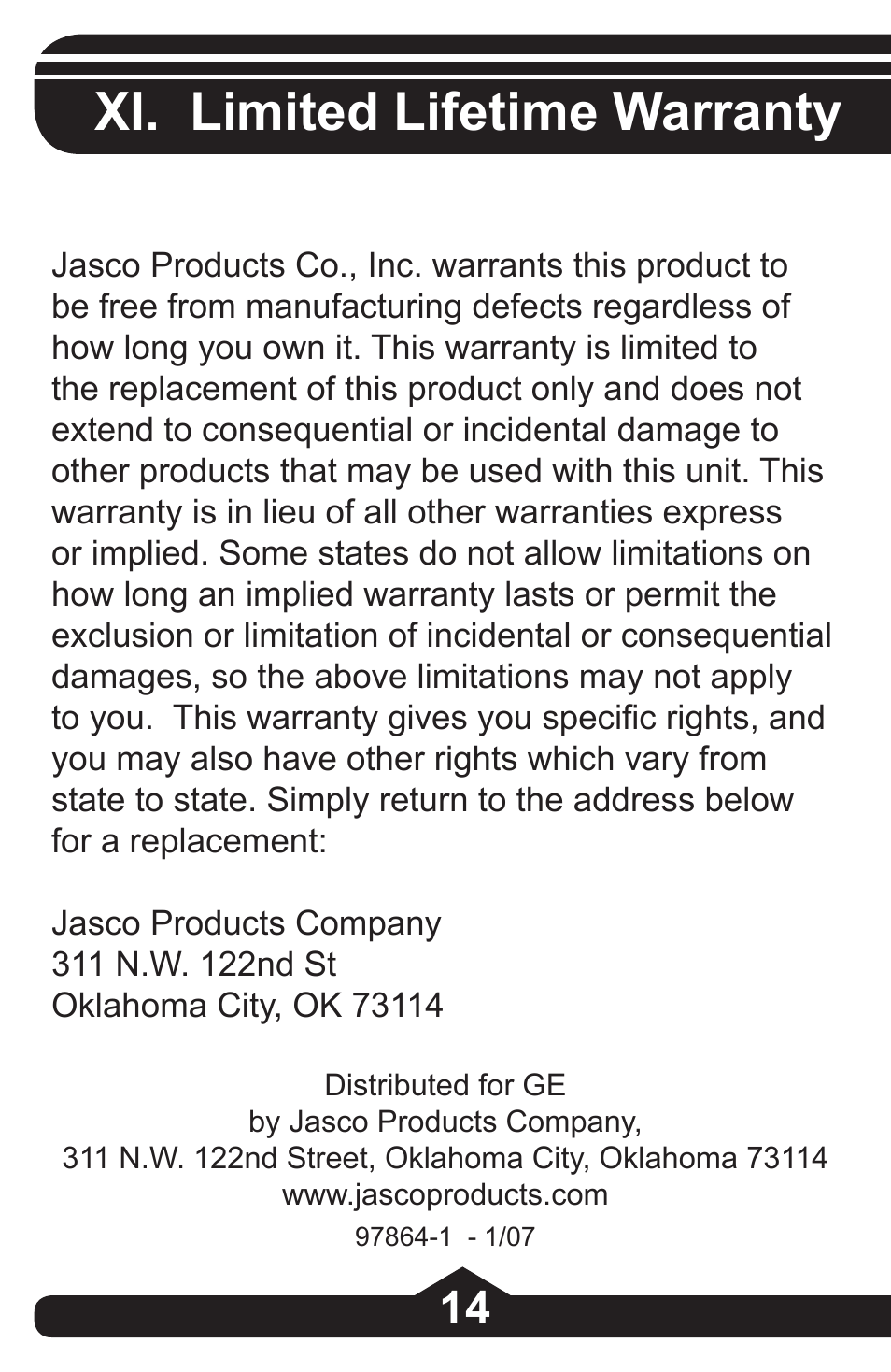 Xi. limited lifetime warranty | GE 97864 GE Executive Series 4-Port USB 2.0 Hub User Manual | Page 14 / 28