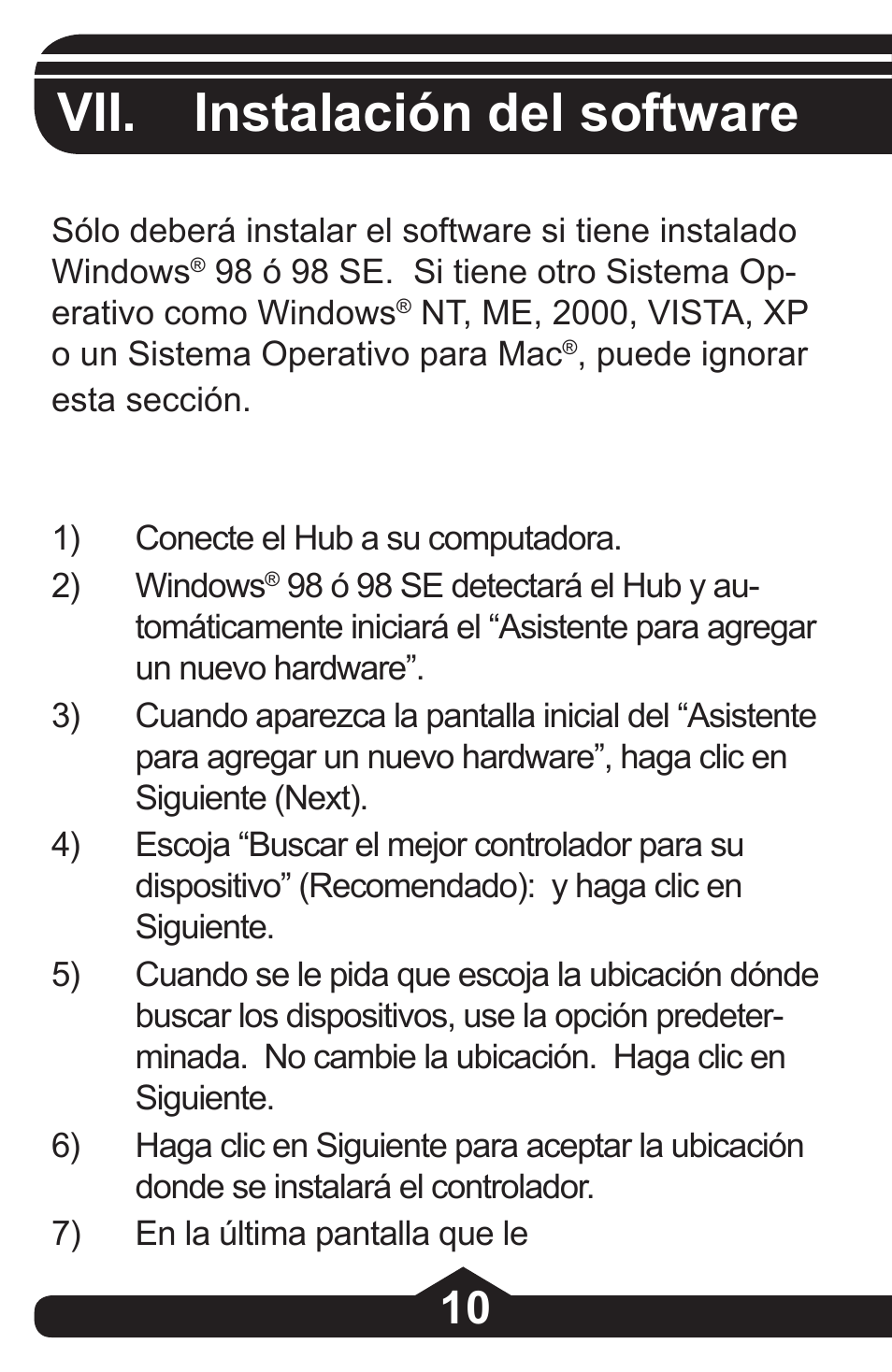 Vii. instalación del software | GE 97864 GE Executive Series 4-Port USB 2.0 Hub User Manual | Page 24 / 28