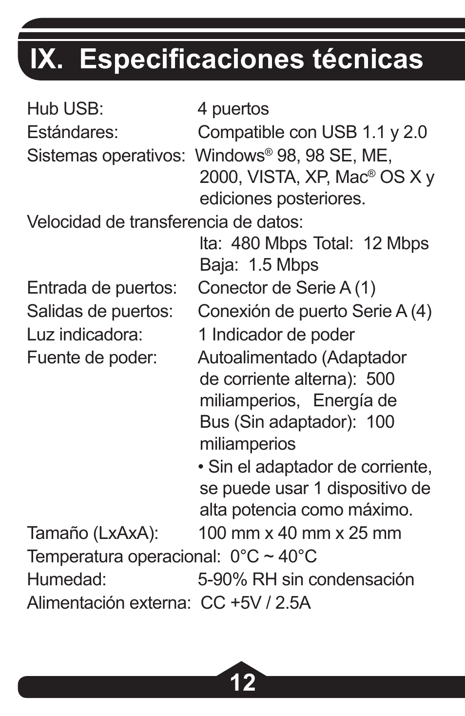 Ix. especificaciones técnicas | GE 97864 GE Executive Series 4-Port USB 2.0 Hub User Manual | Page 26 / 28