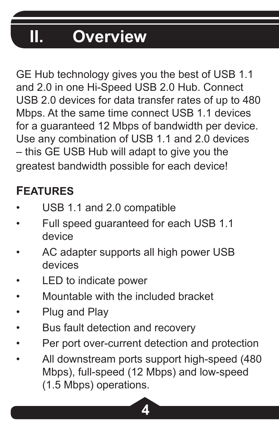 Ii. overview | GE 97864 GE Executive Series 4-Port USB 2.0 Hub User Manual | Page 4 / 28