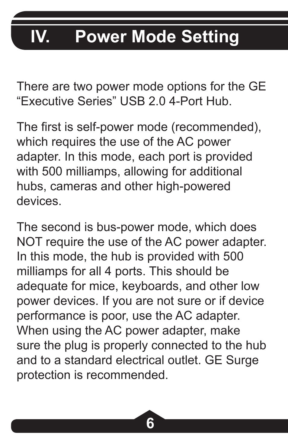 Iv. power mode setting | GE 97864 GE Executive Series 4-Port USB 2.0 Hub User Manual | Page 6 / 28