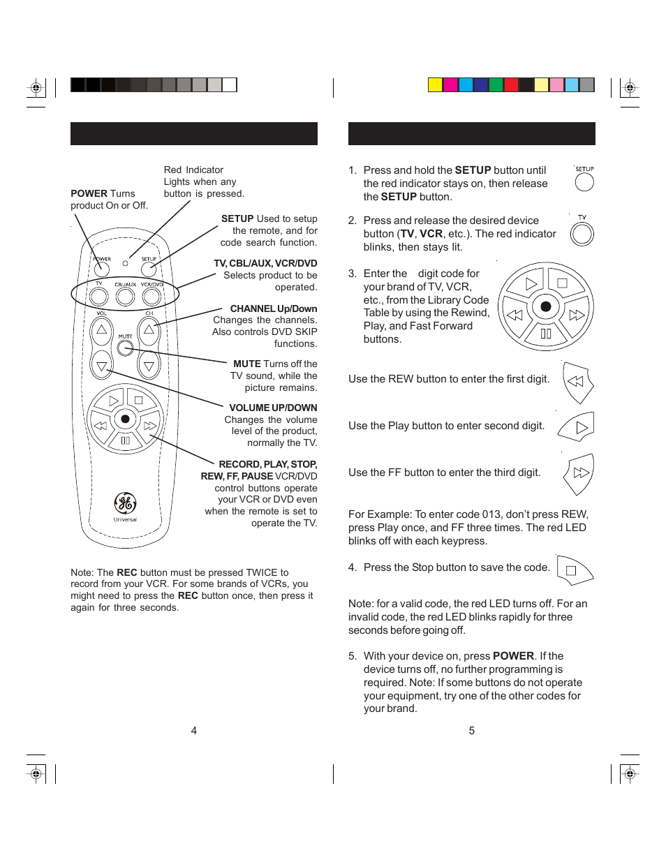 Button functions code entry using the code list | GE RM24948 User Manual | Page 3 / 7