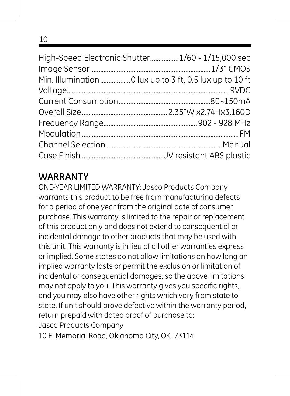 Warranty | GE 45233 GE Home Monitoring Wireless Color Camera with Night Vision User Manual | Page 10 / 12