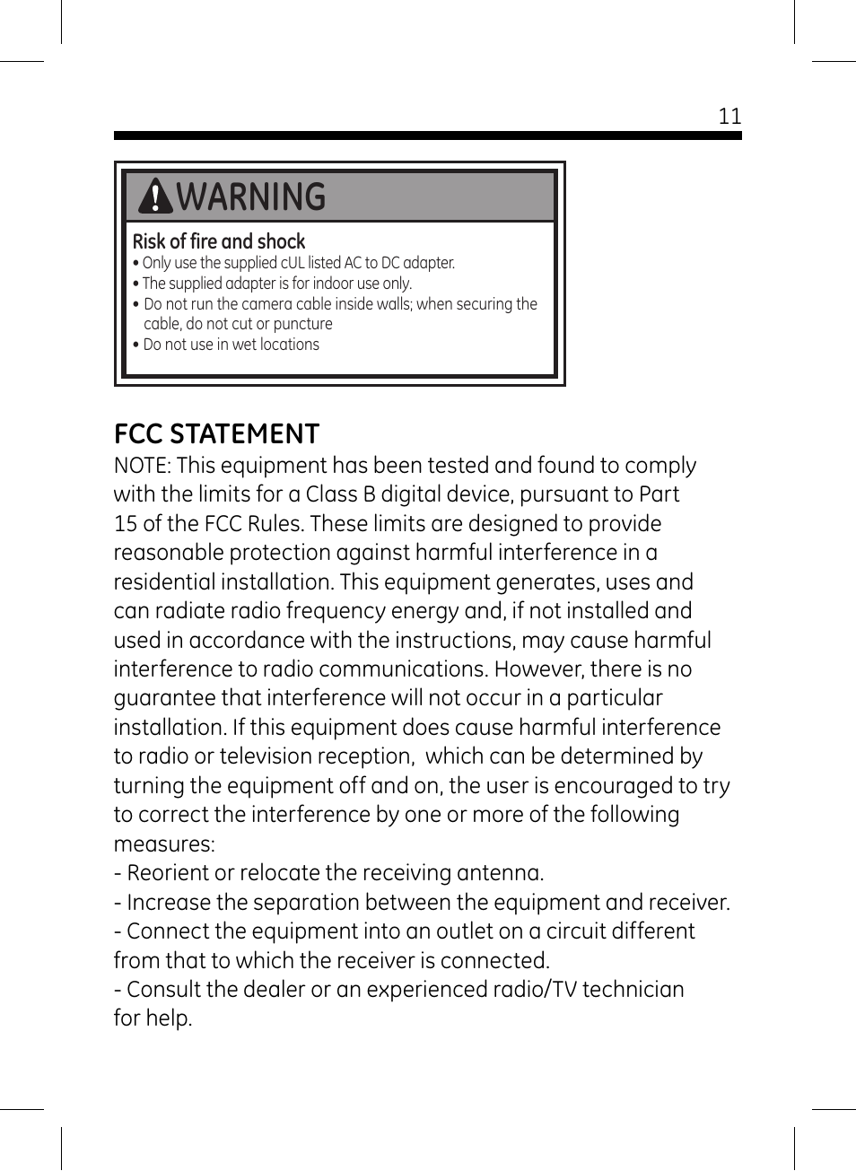 Warning, Fcc statement | GE 45233 GE Home Monitoring Wireless Color Camera with Night Vision User Manual | Page 11 / 12