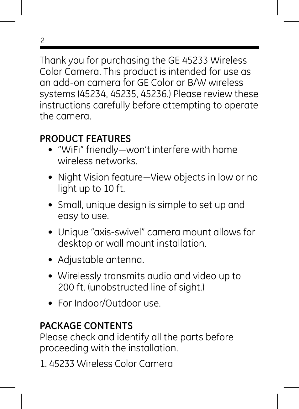 GE 45233 GE Home Monitoring Wireless Color Camera with Night Vision User Manual | Page 2 / 12