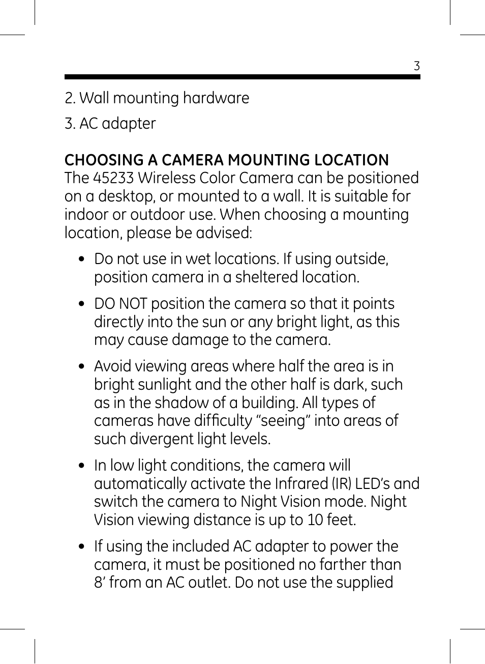 GE 45233 GE Home Monitoring Wireless Color Camera with Night Vision User Manual | Page 3 / 12