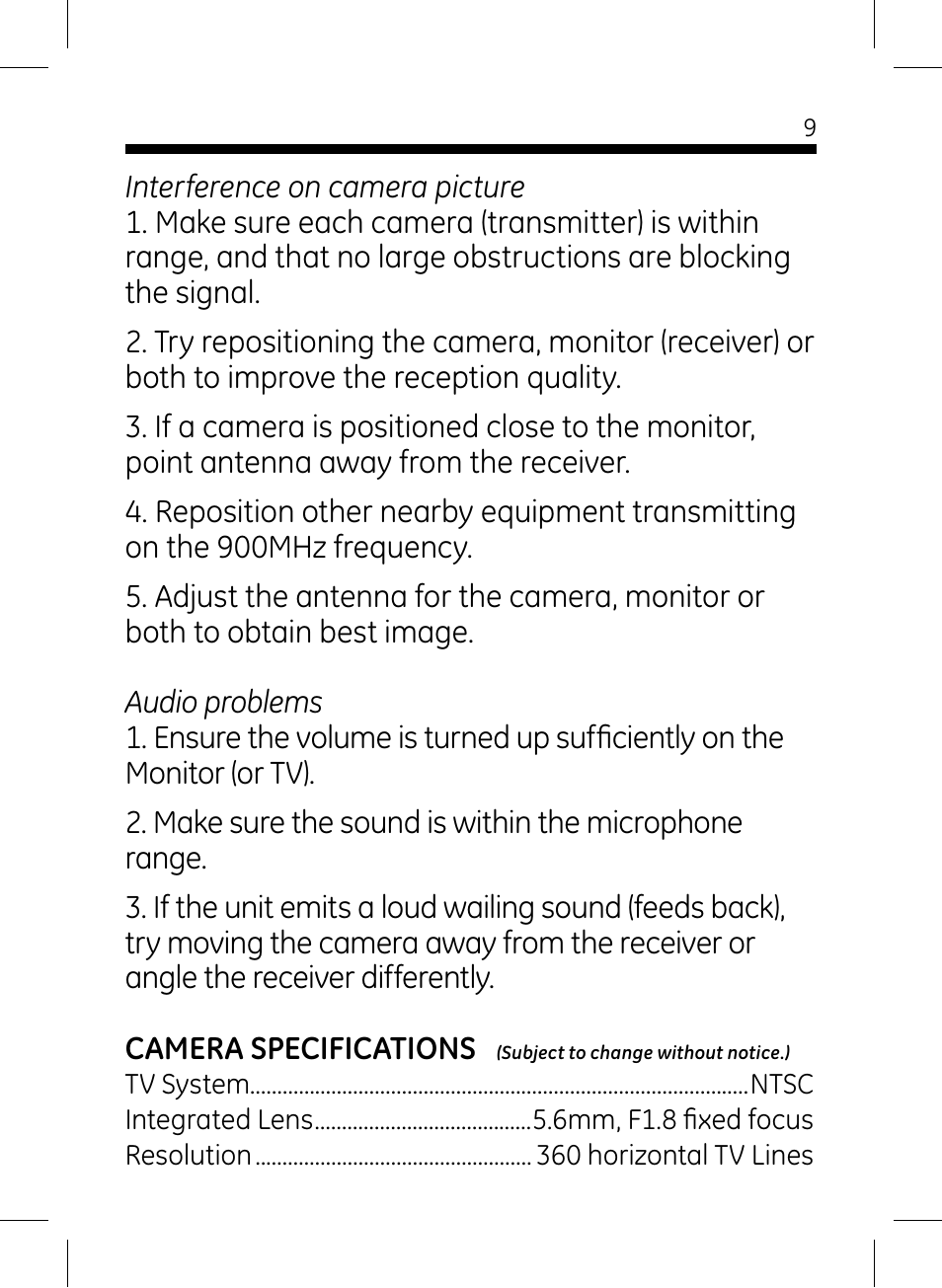 GE 45233 GE Home Monitoring Wireless Color Camera with Night Vision User Manual | Page 9 / 12