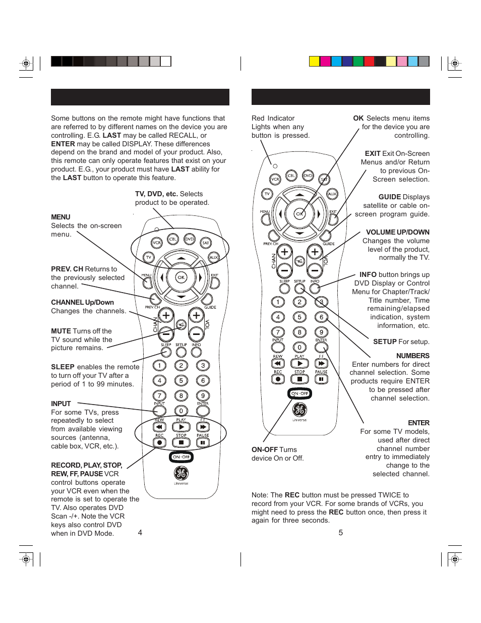Button functions, cont, Button functions | GE 24922 GE Universal Remote 6 Device User Manual | Page 3 / 9