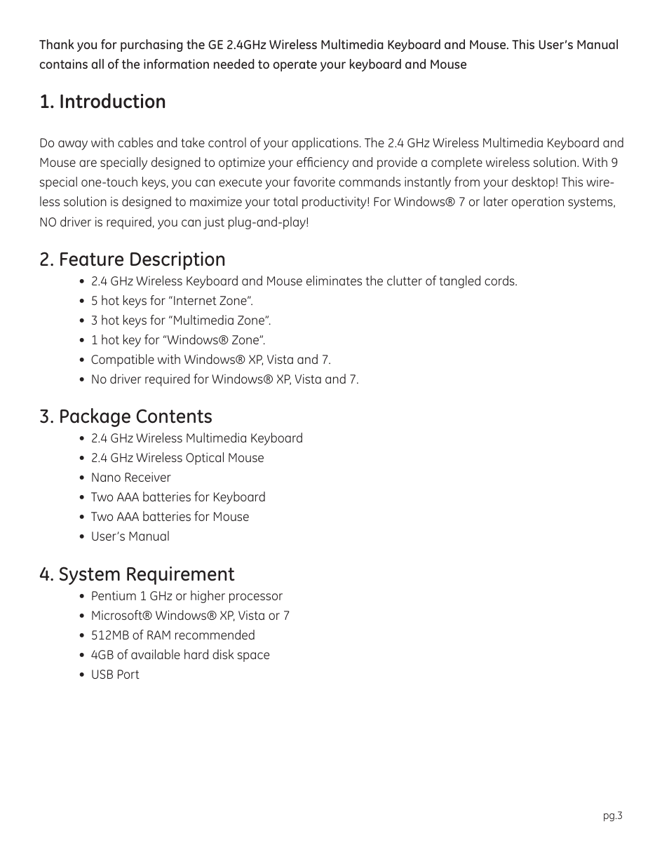Introduction, Feature description, Package contents | System requirement | GE 98600 2.4GHz Wireless Keyboard & Mouse User Manual | Page 3 / 7